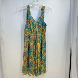 Sundance Size 16 100% Silk Green and Turquoise Paisley Print Pleated Sundress